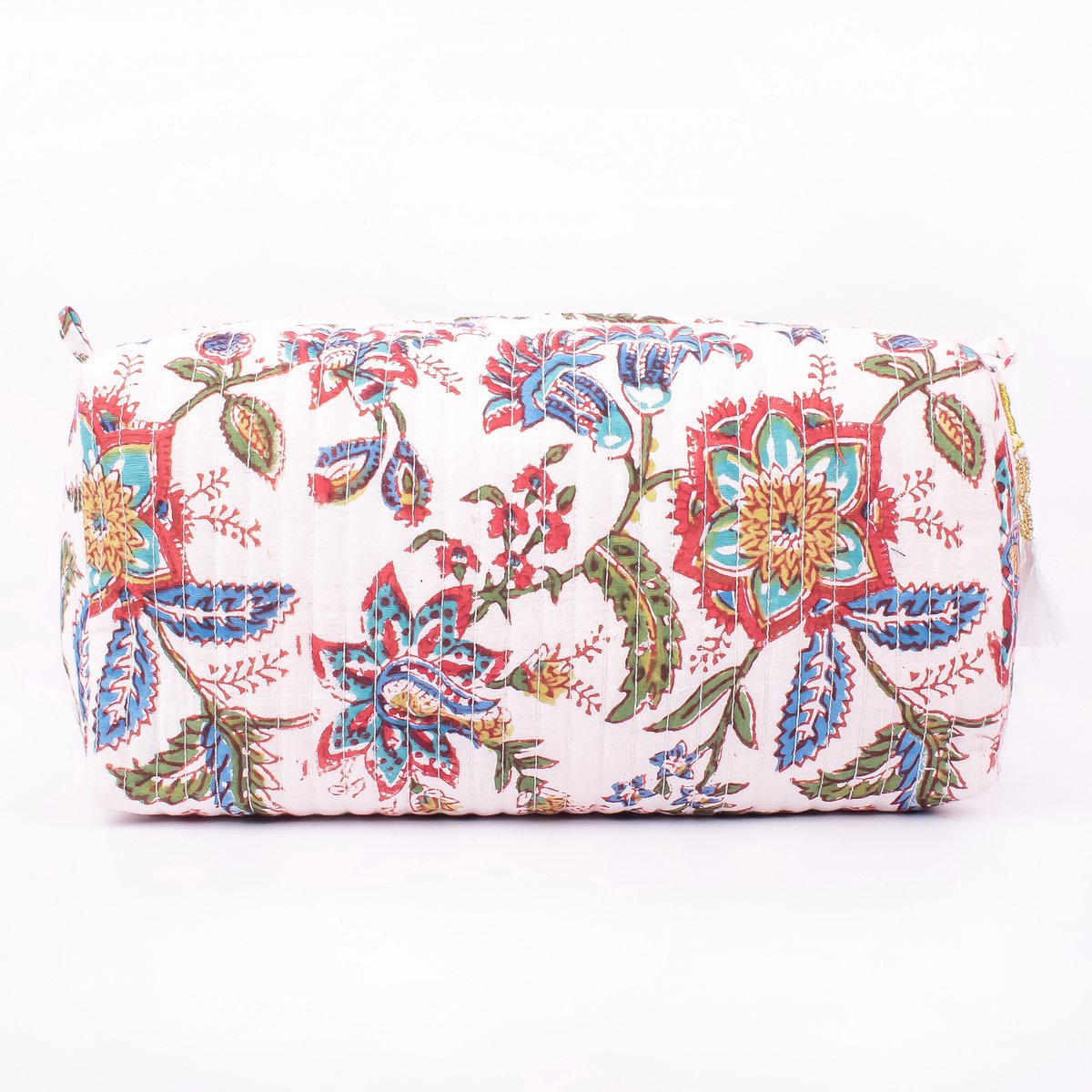 Bambooya toilettas - Bohemian - Ibiza Style - Made in India - Tassel - Wit met bloemen - Large ( 29 x 20 x 10 cm)