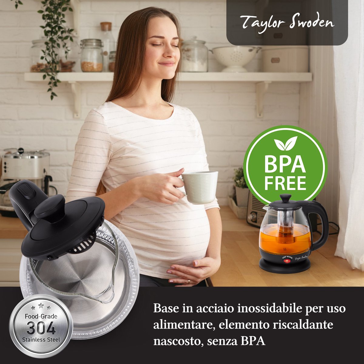 Chaleira elétrica Taylor Swoden Abel | 1L | 2200W | livre de BPA Chaleira elétrica Taylor Swoden Abel | 1L | 2200W | livre de BPA