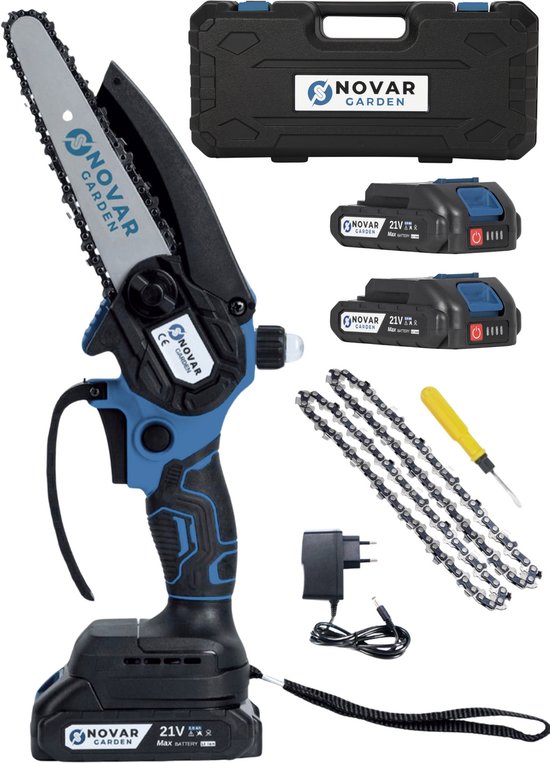 NovarGarden® Mini Kettingzaag NG1 - Met 2x Accu - Takkenzaag - Snoeizaag - Electrisch - Handzaag - Boomzaag - 21V