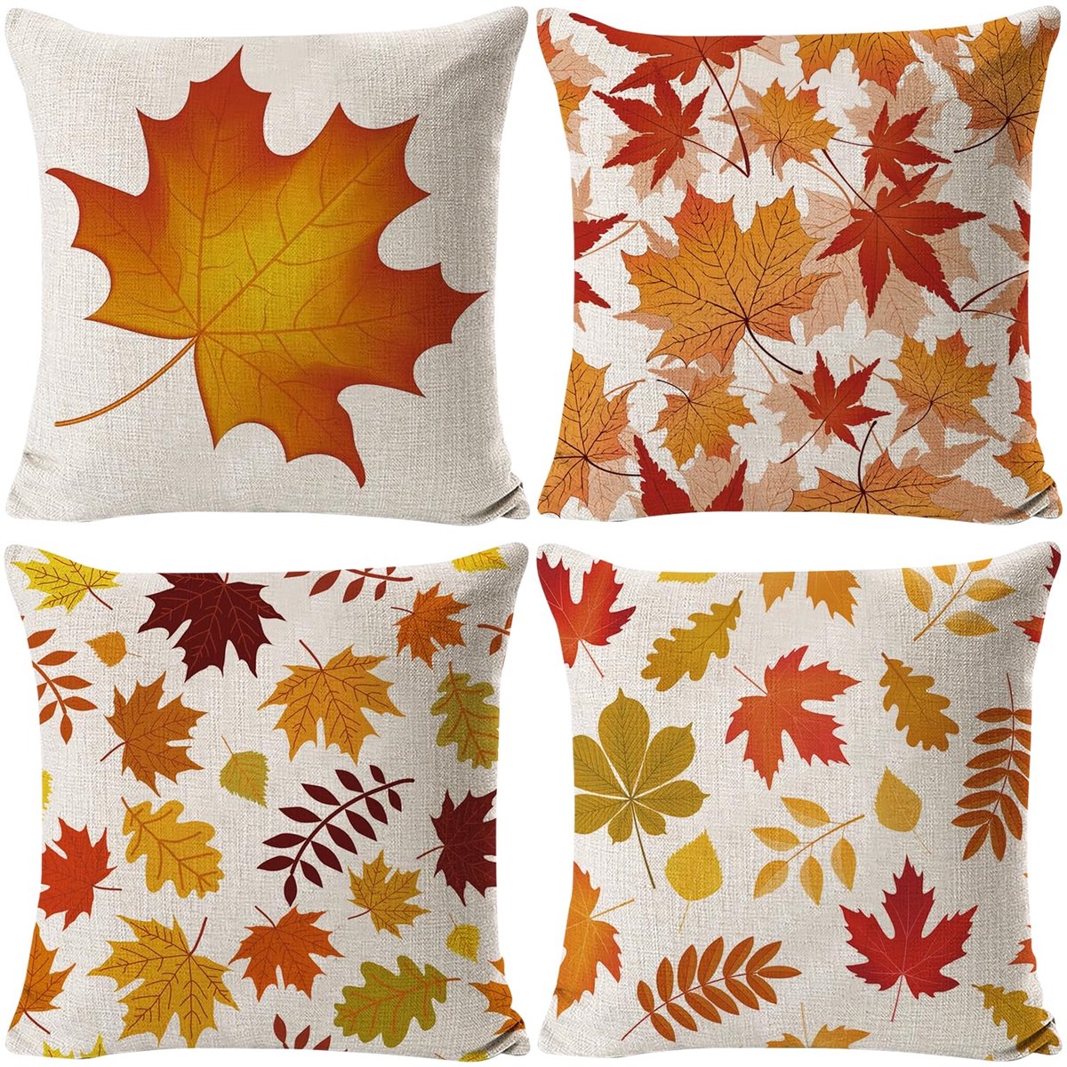 Ibenzoa Set van 4 Decoratieve Kussenhoezen met Herfstmotief van Linnen voor Woondecoratie kleurjik