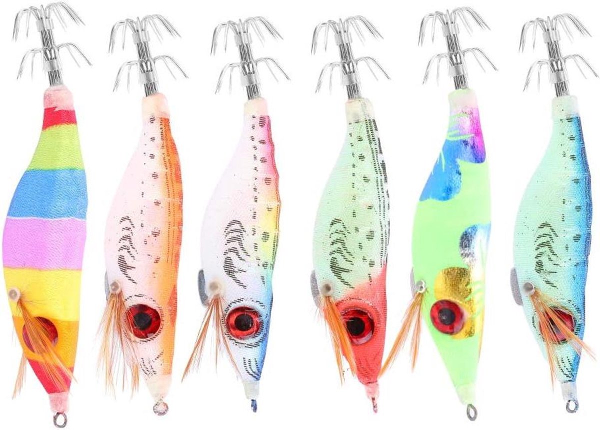 Allecto Plus - 6-delig Glow-in-the-Dark garnalenaas set - 10cm - Met haken voor inktvis en octopus vissen