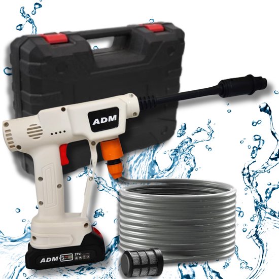 ADM Draadloze Hogedrukreiniger met 2 Accu’s – 21V – Voor Auto, Tuin, Grafsteen, GFT-bak, en Meer – Incl. Koffer & Spuitkop - wit — afbeelding 3