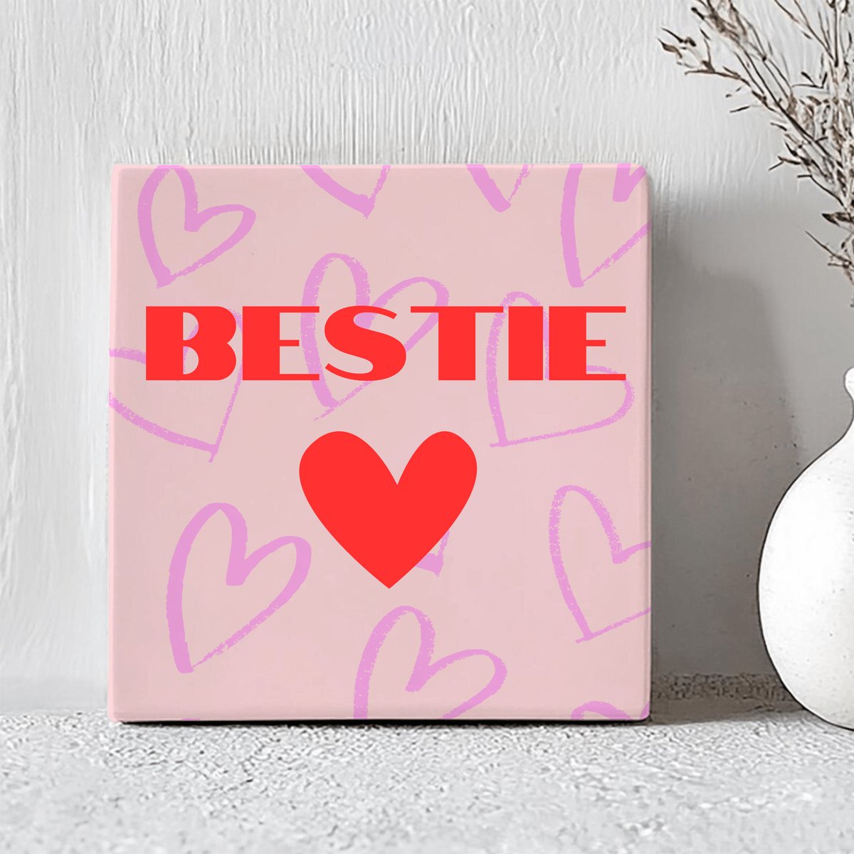 Printazzy - Tegeltjes met Tekst - Bestie - Cadeau voor Haar - Vriendschap - Wanddecoratie - Onderzetters voor Glazen - Decoratie - Roze Hartjes
