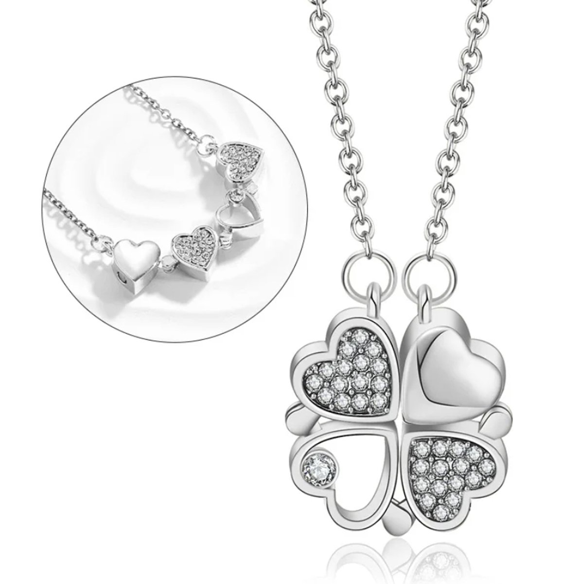 Actie4you® - Klavertje Vier Hartjes Ketting Verstelbaar 40 tot 45 cm met Zirkonia Kristallen – Uitklapbaar op 2 manieren te dagen – Zilver - Model B