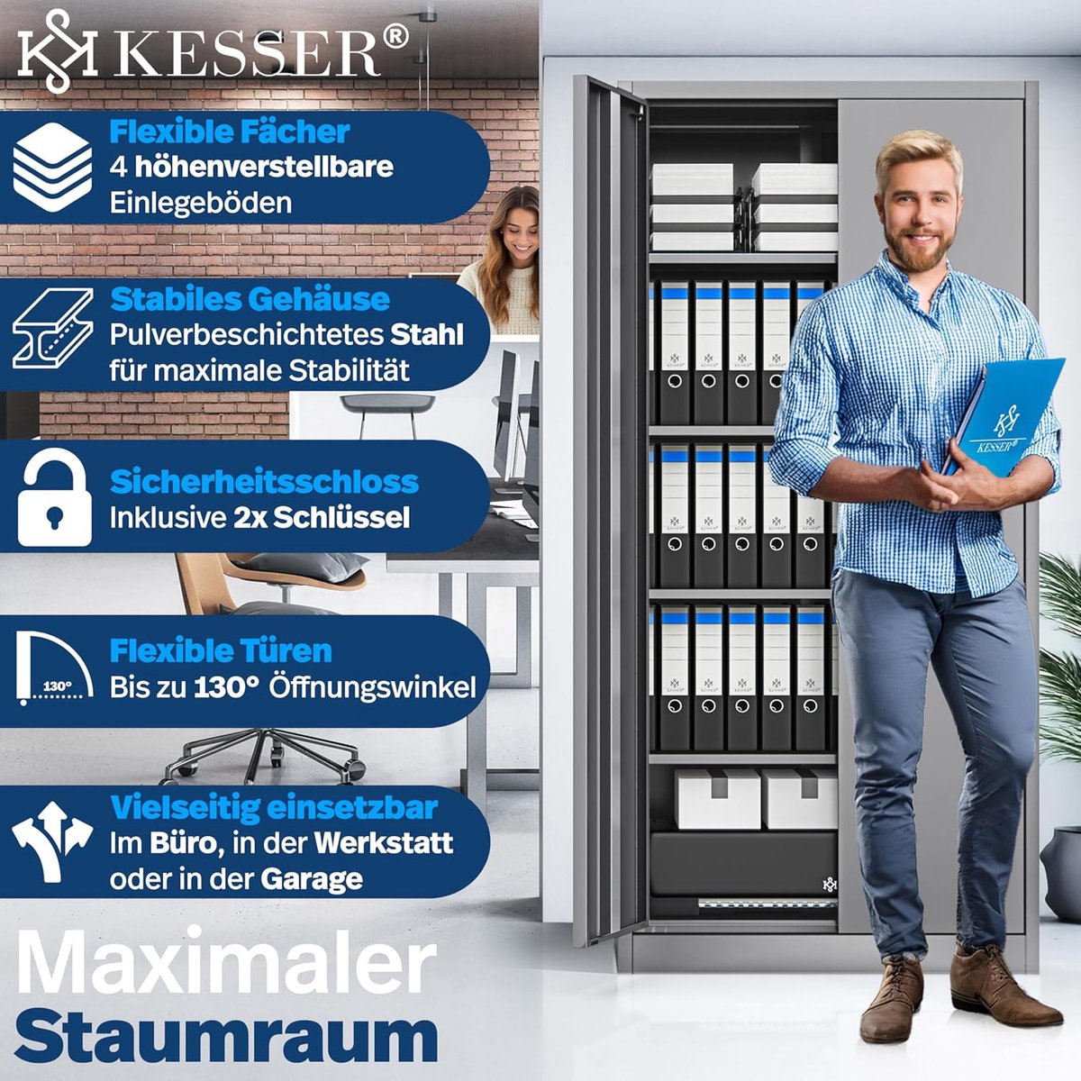 KESSER® afsluitbare archiefkast met dubbele deuren 180 x 60 x 40 cm Stalen kantoorkast met 4 in hoogte verstelbare planken Multifunctionele kast 5 flexibele compartimenten Max. 40 kg per compartiment