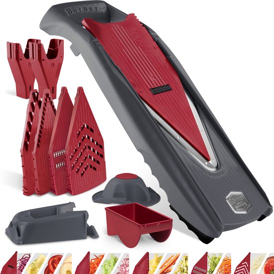 Börner Mandoline Vital Profi Set - ensemble de 11 pièces | 8 types de coupe | Convient comme coupe-frites, râpe... | Sans BPA et inoxydable | Anthracite / Rouge