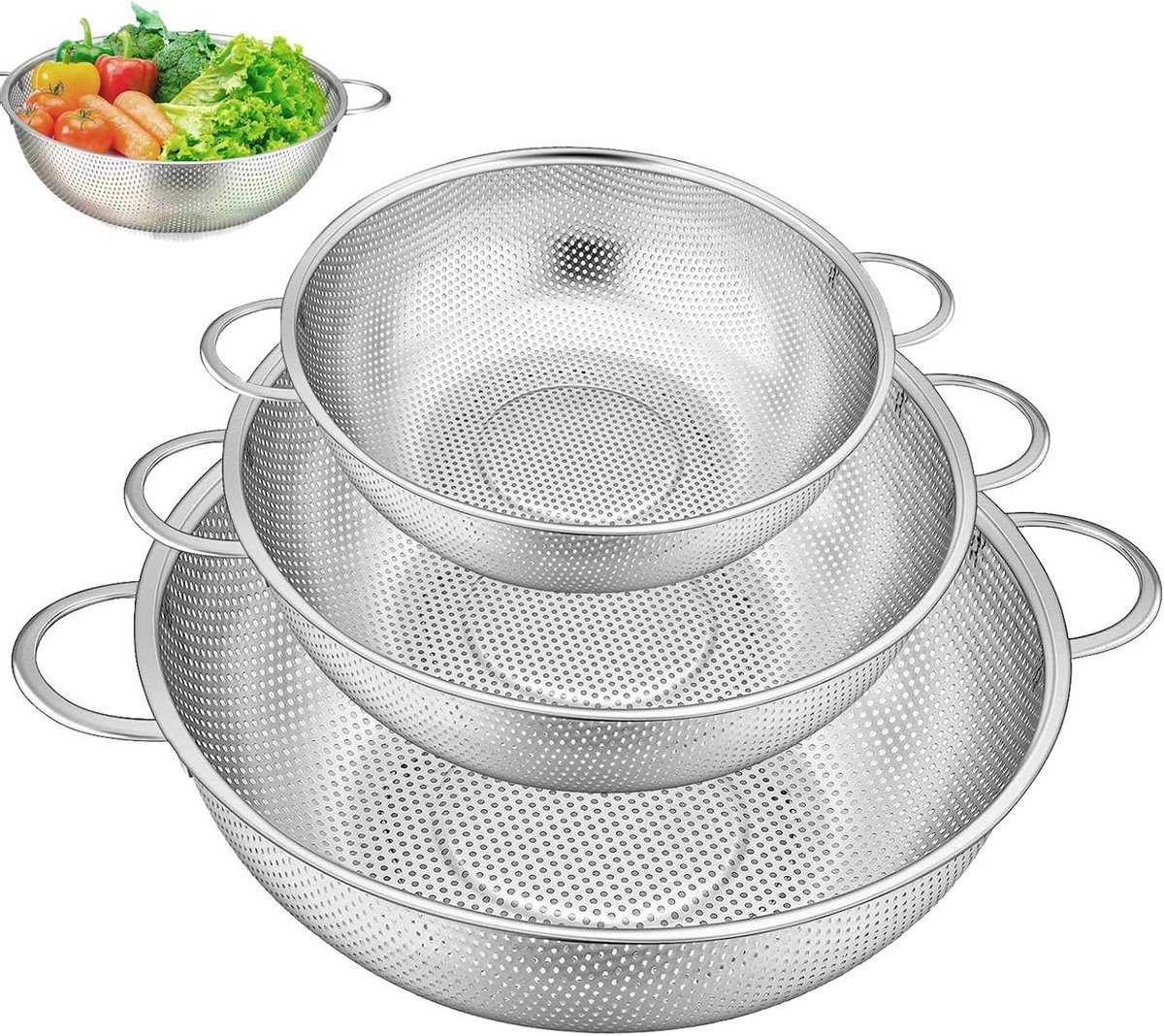Allecto Plus - Zeefmand set van 3 stuks voor pasta, groenten, fruit en rijst - Ø 28 cm, 22 cm, 19 cm - Vaatwasmachinebestendig
