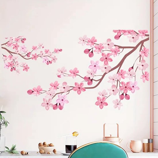 PolkaHome Lot de 2 Stickers muraux Fleurs de cerisier roses – Décoration murale en PVC Fleurs de dessin animé – Décoration murale autocollante pour chambre, chambre d'enfant, salle de classe, salon – 29,97 x 39,88 cm