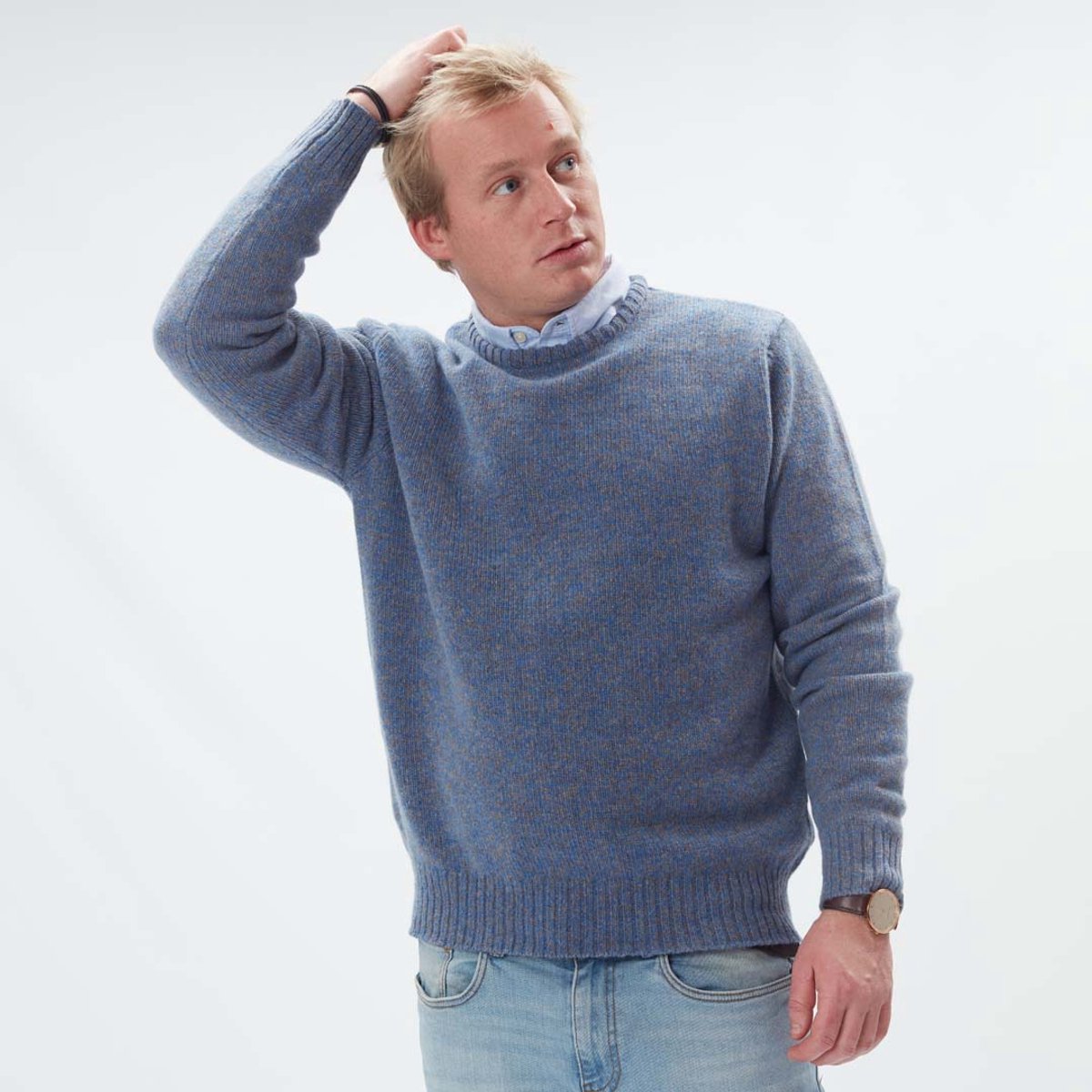 Osborne Knitwear Trui met vervilte ronde hals - Lamswol - River/Vole - 2XL