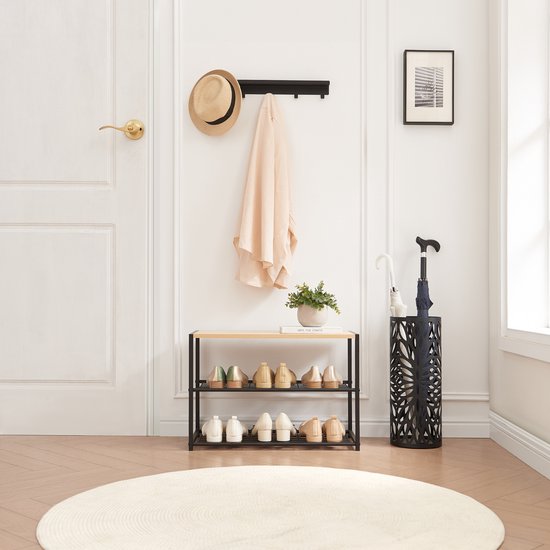 Houten 2-laags schoenenrek organizer met linnen kussen zitting entryway schoenopbergkast bank voor hal en entree