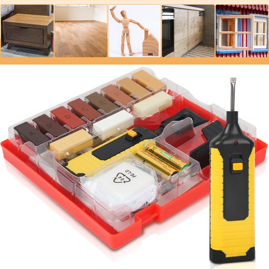 Kit de réparation pour stratifié et bois – 11 couleurs mélangeables et piles incluses – Kit de DIY pour réparer le stratifié ou le parquet avec cire, pistolet thermique, éponge, chiffon, grattoirs et boîte