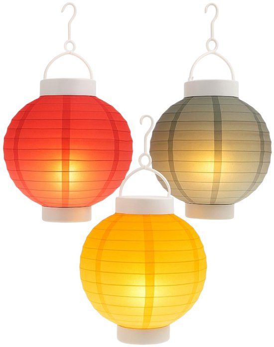 Set van 3 Solar Buiten-LED - Lampion - Hangende Lantaarns met Vlameffect Ø 20×23 cm (Geel, Rood, Grijs)