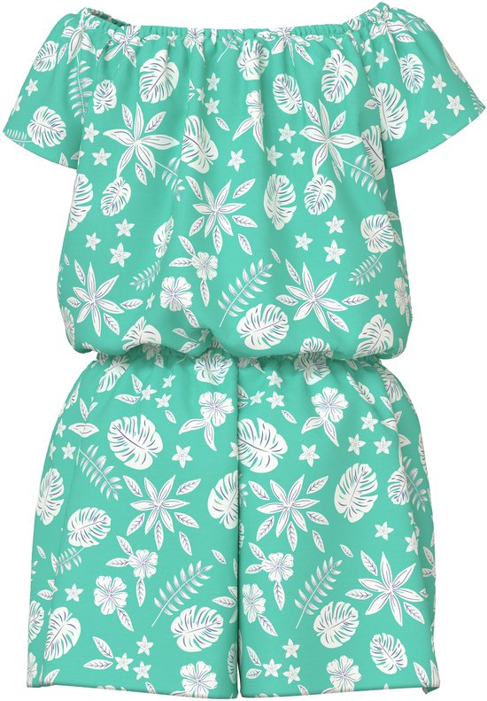 Achterkant van de groene playsuit met ruches en wit tropisch bladerenpatroon.