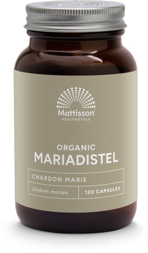 Bruine pot met zilverkleurig deksel, een beige etiket met de tekst "Mattisson HEALTHSTYLE ORGANIC MARIA DISTEL CHARDON MARIE Silybum marianum. 120 CAPSULES".