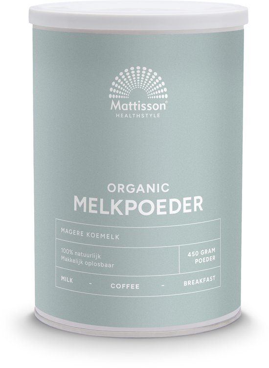 Blauwgroene blik van Mattisson met 'Organic Melkpoeder Magere Koemelk' erop, 450g.