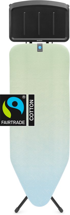 Brabantia strijkplank C met stoomunit-houder en Fairtrade katoen label, groen-blauwe gradiënt hoes.