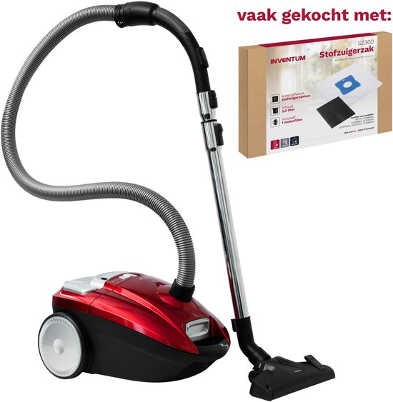 Rode stofzuiger met zak en doos met stofzuigerzakken.