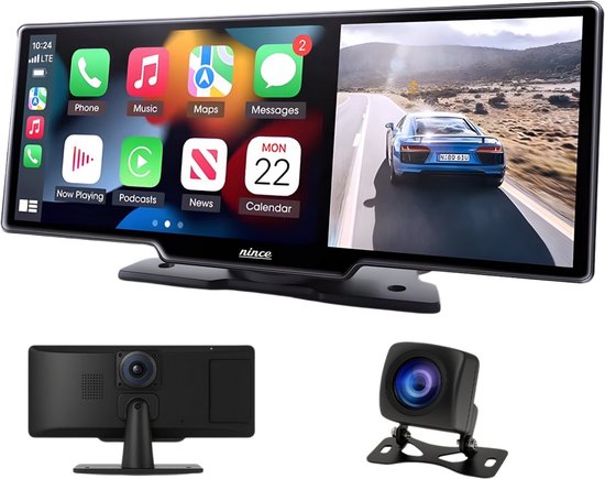 Nince CarPlay Scherm 10 inch Draadloos Apple CarPlay Android Auto Navigatie Dashcam 4K Achteruitrijcamera HD