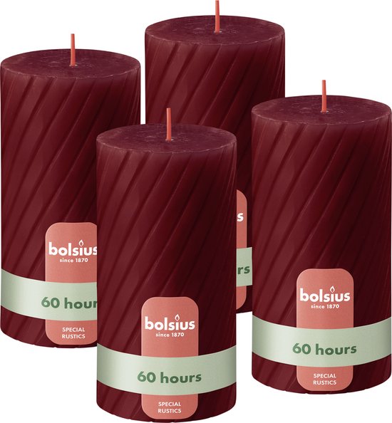 Bolsius - Rustieke Kaars - Gedraaid Patroon - 4 stuks - Rood - 60 branduren - 13 cm