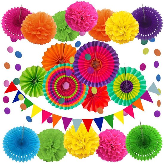 Feestdecoratie, papieren pompons, hangende waaiers, driehoekige wimpels, hangende glitters, stippen, slingers, decoratieve versieringen voor feest, bruiloft, verjaardag, festival, Kerstmis, evenement en Mexicaanse fiesta, 20 stuks