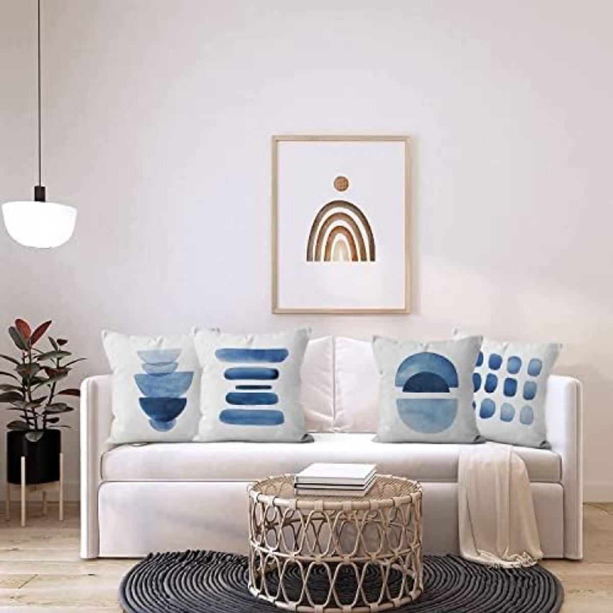 ST TRADING Boho Kussensloop Set van 4 45 x 45 cm Modern Aquarel Halve Cirkelpatroon Beige en Blauw Voor Bank of Sierkussen Wasbaar Polyester en Vlas Textiel