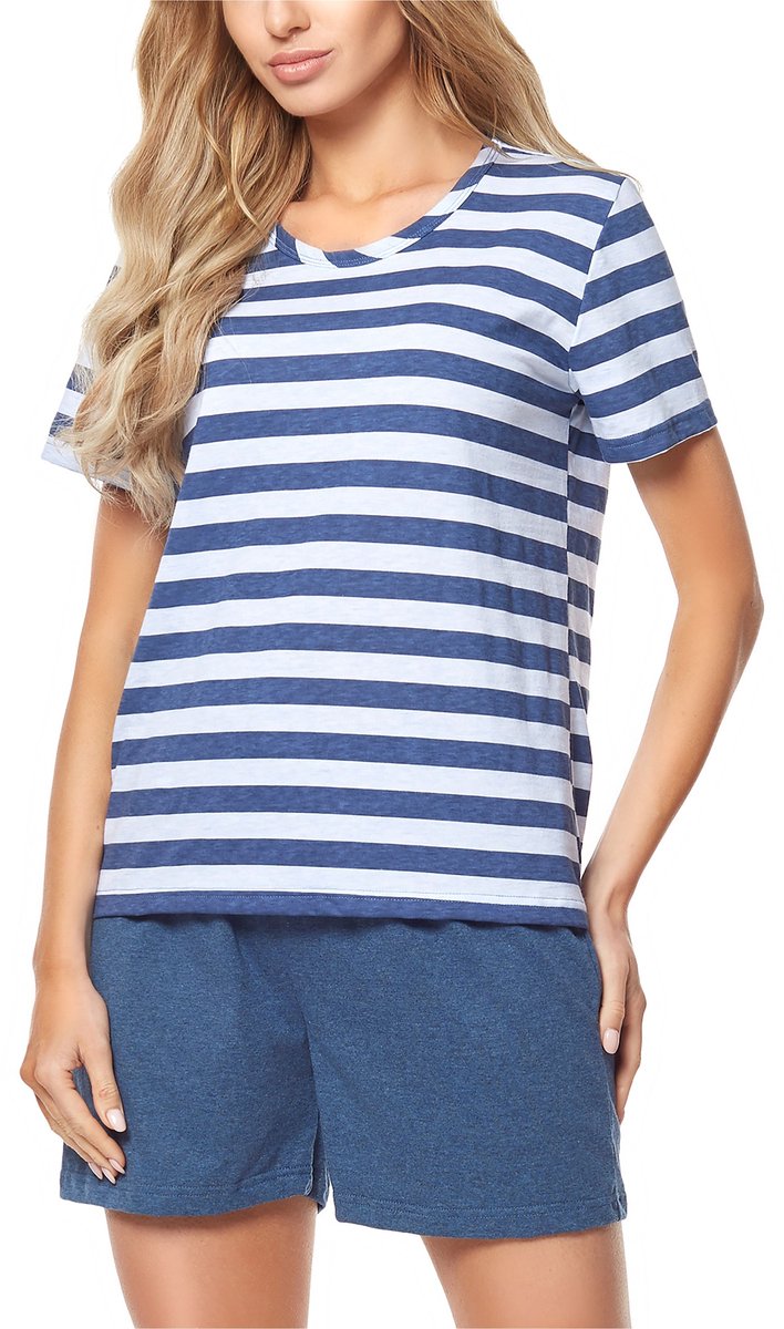 Merry Style MS-MS10-216-PJ Dames Pyjama - ronde hals - korte mouwen - korte broek zonder zakken - Katoen - Amarant/Grijs – Jeans/lichtblauw