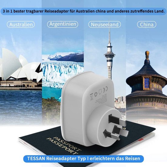 Famanu Reisstekker Australië Adapter China Duitsland Stekker met 2 USB 2.4A, Stopcontactadapter Reisadapter Voedingsadapter voor Nieuw Zeeland Argentinië Wandoplader, Reisadapter Australië