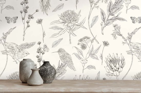 Fond d'écran oiseaux et papillons | Botanique et Animaux - Wit Zwart - Murs Living dessinés dans la Nature
