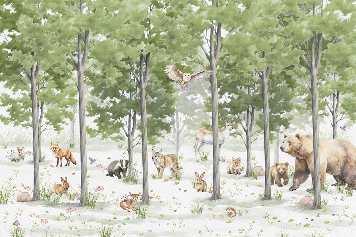Fotobehang bos met dieren in beige bruin