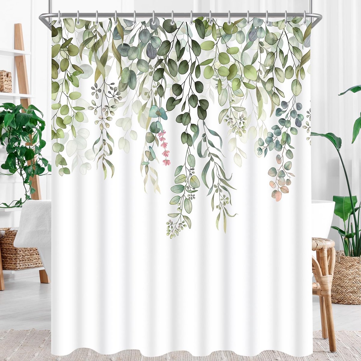 Ibenzoa® Stijlvol Douchegordijn met Groene Bladeren, 100 x 200 cm, Waterafstotend en Wasbaar, Inclusief Ringen