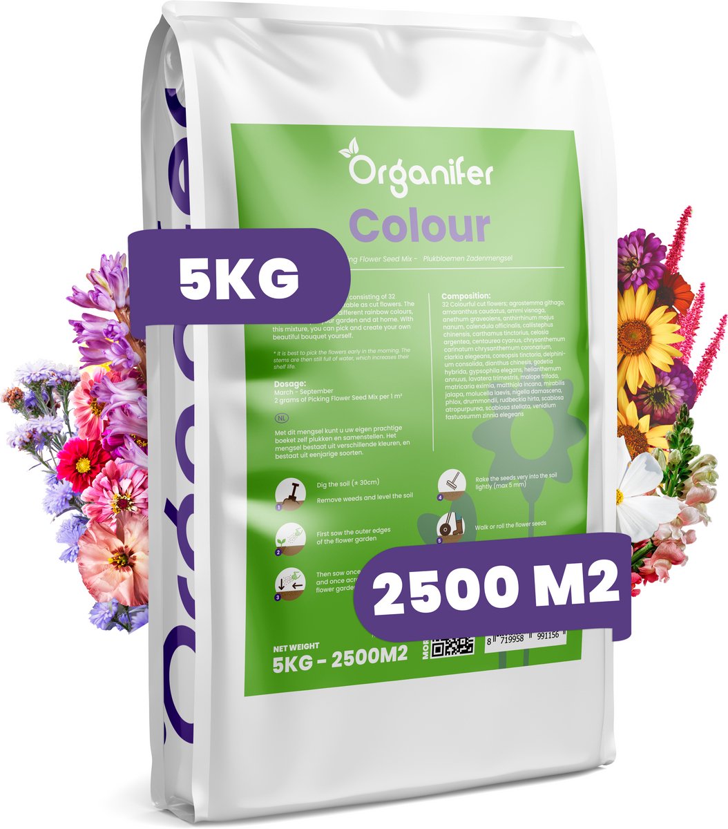 Plukbloemen Mengsel - 32 soorten (5kg, 2500m2) - Snijbloemen - Snijbloemen Zaad - Bloemenweide - Inheemse Zaden - Bloemen - Bloemzaden - Bloemzaadjes - Plukbloemen Zaad - Colour - Organifer