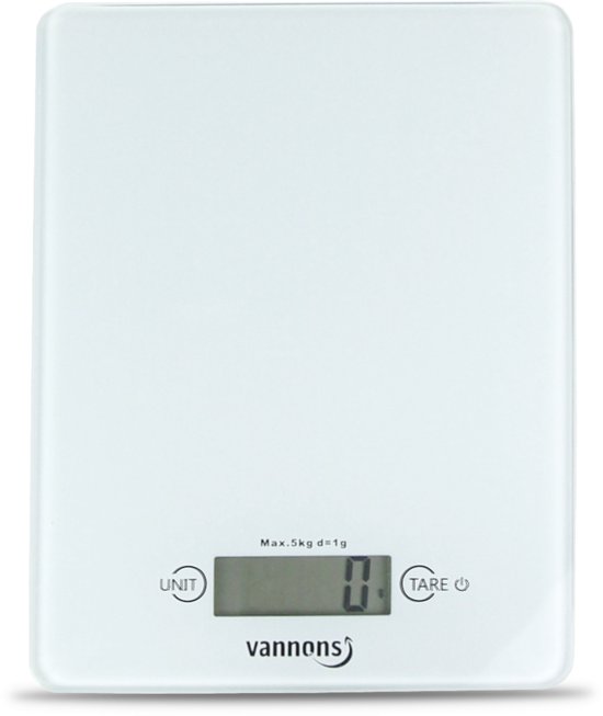Vannons - Keukenweegschaal - Keuken Weegschaal Digitaal - Precisie Weegschaal Keuken tot 5 kilo voor Bakken - Inclusief Batterij - Glas - Wit
