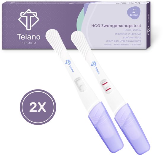 Twee witte zwangerschapstesten met paarse doppen, voor de paarse verpakking met '2 testen'.