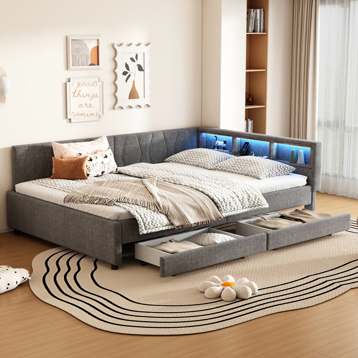 Merax Slaapbank - 140x200 cm - USB Type-C - LED-verlichting - bed met twee lades - Zonder matras - linnengoed - grijs