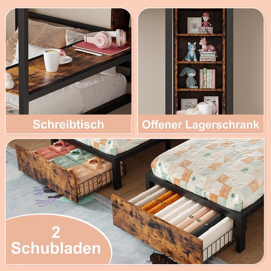 Stapelbed met lades, metalen bedframe, omvormbaar tot een