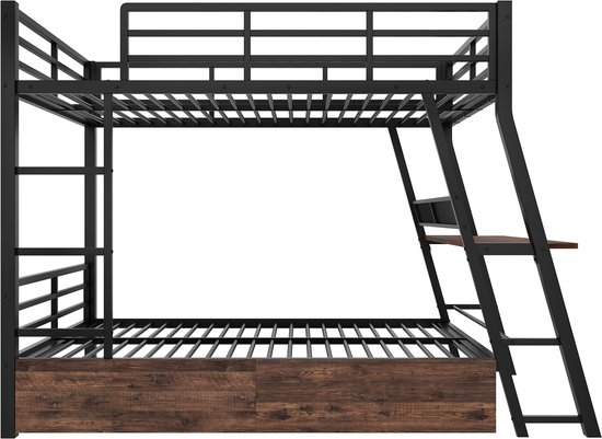 Lit mezzanine avec éclairage LED- 140 x 200 cm - tiroir - garde-corps - escalier - bureau - sans matelas - noir