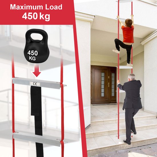 Een volwassen man en een jongen klimmen op een rode brandladder die aan een huis is bevestigd. De tekst 'Maximum Load 450 kg' is zichtbaar.