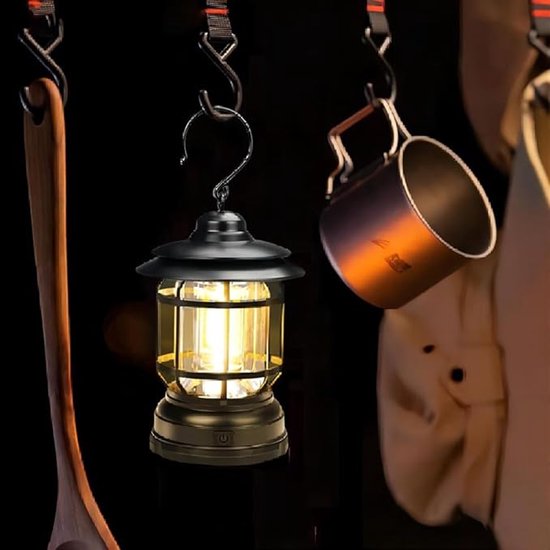 Tentlampen - Camping Lantaarn - Tent Lamp - Outdoor - Draagbare Kampeerlamp - Tentlamp - Acculamp - LED Lamp - Retro Camping Lamp Oplaadbaar LED - Noodpakket - Buiten Lantaarn - Ophangbaar - Oplaadbaar - Zwart — afbeelding 4