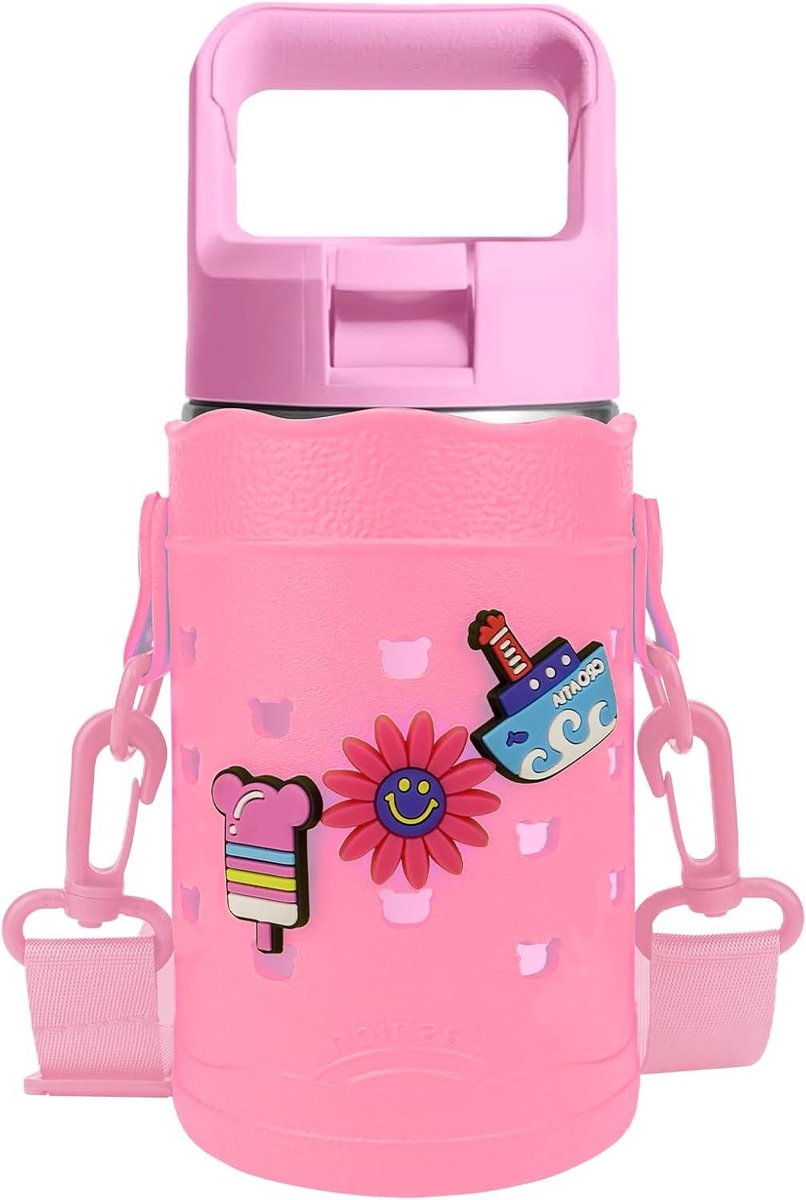 Allecto Plus - Waterfleshouder voor kinderflessen - Roze - Geschikt voor YETI Rambler Jr. en Hydro Flask - Verstelbare banden - Hard Base - 14oz