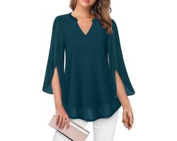 Blouse met ruches en V-hals voor dames met 3/4 mouwen - Tuniek top van chiffon - Dames shirt voor losse en vloeiende stijl - Maten S-3XL Blouse met ruches en V-hals voor dames met 3/4 mouwen - Tuniek top van chiffon - Dames shirt voor losse en vloeiende stijl - Maten S-3XL