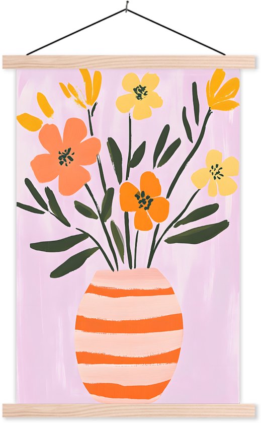Posterhanger incl. Poster 40x60 cm - Schoolplaat - Vaas - Gestreept - Bloemen - Oranje - Textielposter - Blanke latten