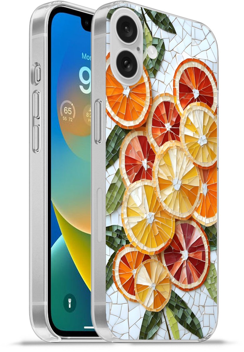 Telefoonhoesje Geschikt voor Apple Iphone 16 Plus hoesje - Schijfjes - Fruit - Oranje - Mozaïek - Siliconen Telefoonhoesje Telefoonhoesje