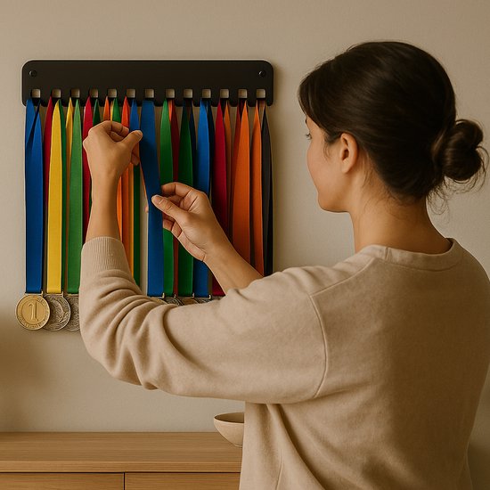 Vrouw met bruine trui hangt blauwe medailleband aan zwarte medaillehouder.
