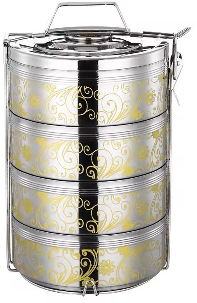 RVS Lunchbox 23CM – 4 Lagen – Thermische Meenemen Container – BPA-vrij & Lekvrij – Voor Warm en Koud Eten – Roestvrij Staal