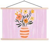 Posterhanger incl. Poster 60x40 cm - Schoolplaat - Vaas - Gestreept - Bloemen - Oranje - Textielposter - Blanke latten