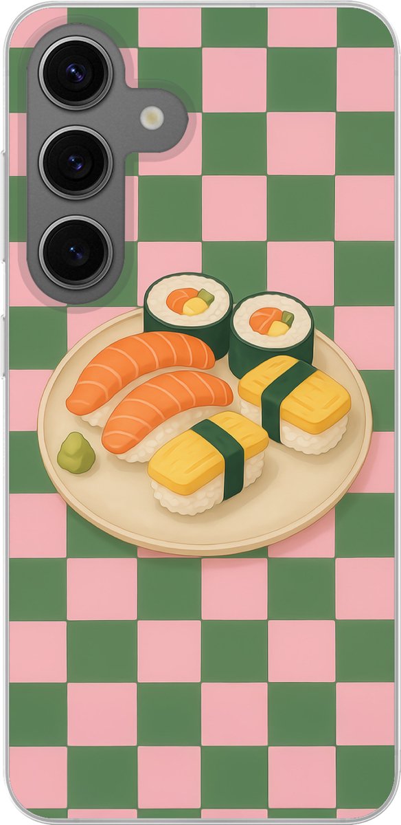 Telefoonhoesje samsung Galaxy S24 hoesje - Sushi - Bord - Geblokt - Groen - Siliconen Telefoonhoesje Telefoonhoesje
