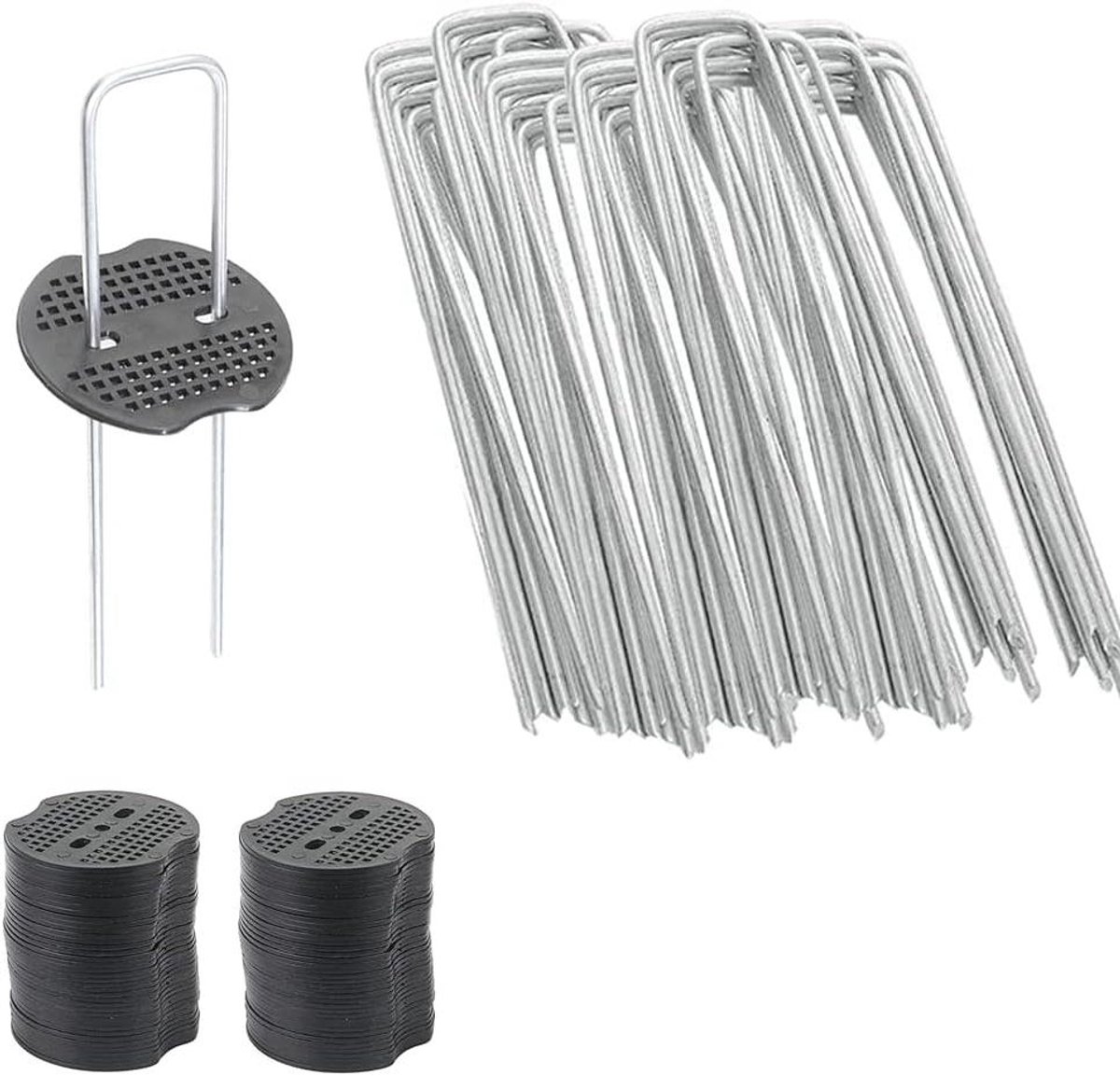 Goedkoopste 50 stuks grondankers voor tuinieren en onkruidvlies - verzinkt - 25 mm diameter - 15 cm lang - 4 cm breed - met 50 bufferschijven.