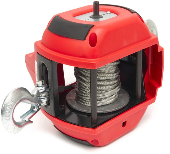 Rode draagbare lier met opgerolde kabel en metalen haak.