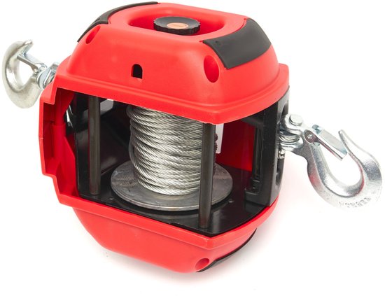 Rode draagbare lier met zichtbare kabeltrommel en aan beide zijden haken.
