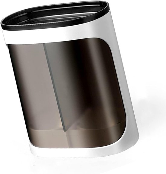 Witte bekerdispenser met donkere doorschijnende zijpanelen, op een witte achtergrond.